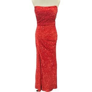 NWT Bright Red Strapless Sequin Evening Gown with Corset Back on Velvet Fabric